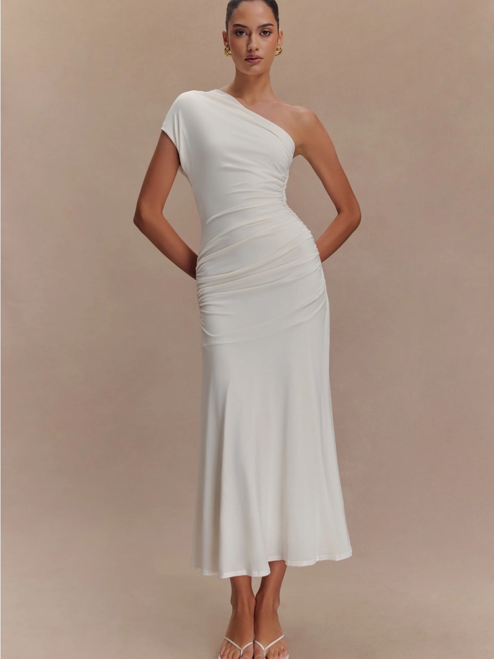 Meshki One-Shoulder Cream Ruched Midi Dress